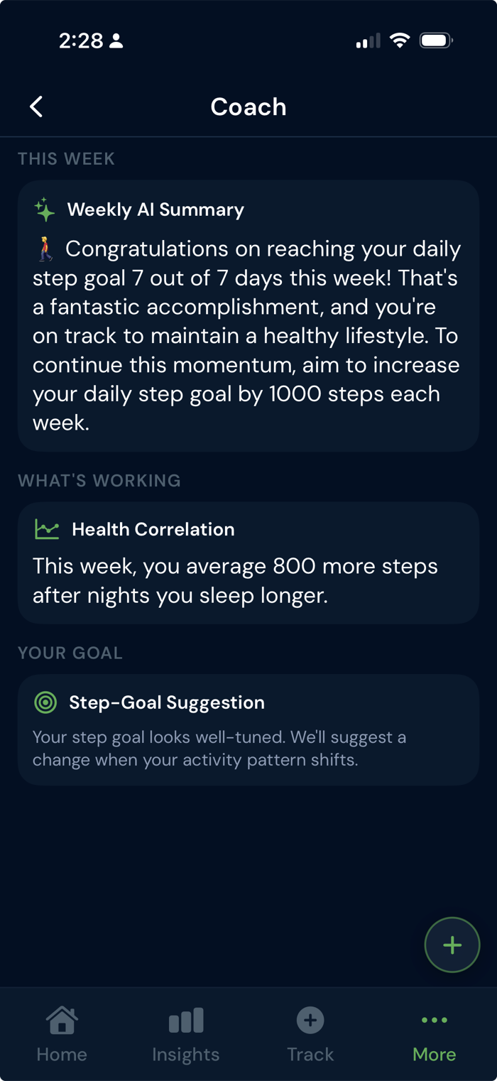 ZivoLog Coach screen with a Weekly AI Summary, a health correlation note, and a step-goal suggestion.