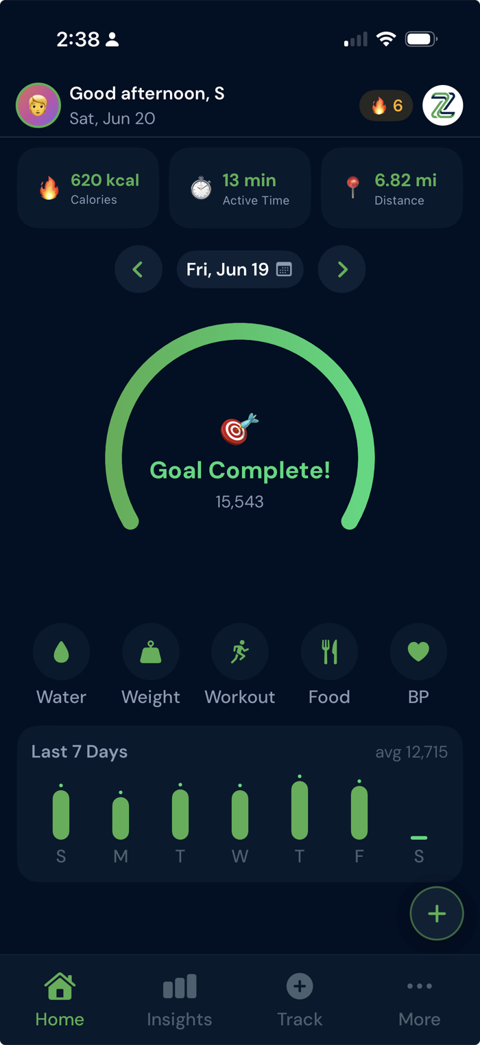 ZivoLog Home screen showing an animated step gauge reading Goal Complete, daily calories, active time and distance, and a 7-day step bar chart.