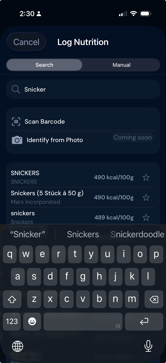 ZivoLog nutrition logging with food search, a barcode scan option, and per-item calories.