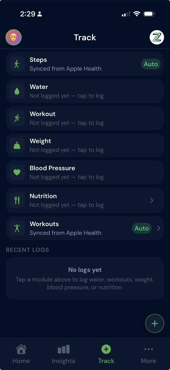 ZivoLog Track screen listing modules for steps, water, workout, weight, blood pressure and nutrition.