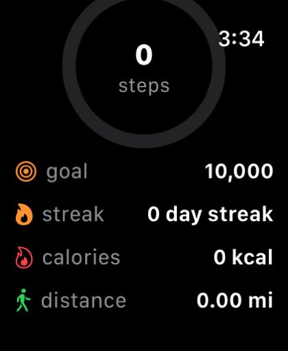 ZivoLog Apple Watch face showing steps, goal, streak, calories and distance.